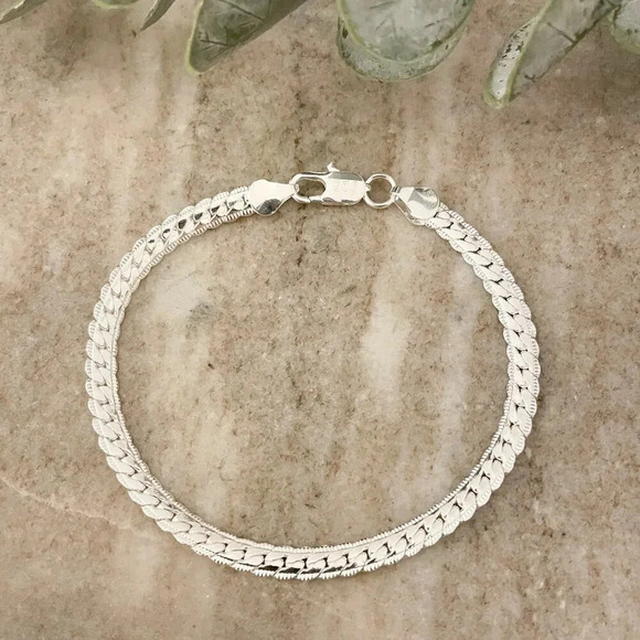 925 Sterling Silver Flat Snake Chain Bracelet Dainty Snakechain Link Bracelet - Picture 1 of 7